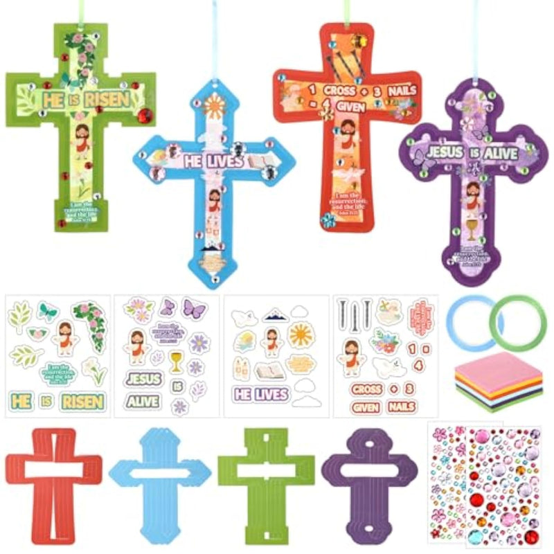 24 Sets Easter Cross Craft Kits, Christian Tissue Paper DIY Ornaments for Kids