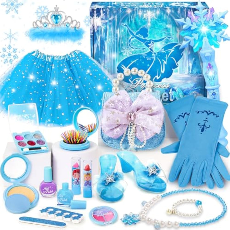 Toys For Girls Gifts Kids Makeup Kit Winter Princess Dress Up Real Makeup/Nail Polish/Snow Wand/Purse/Ice Light Up Skirt, Christmas Birthday Gift Pretend Play For Toddlers 3 4 5 6 7 8 Years Old