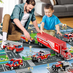 Fire Toys For 3 4 5 6 Years Old Boys Girls Kids, Die Cast Metal Fire Truck Toys W/Play Mat, Rescue Emergency Fire Truck Car Toy, Toddler Car Toy Christmas Birthday Gifts For Boys