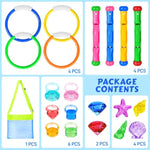 20 Pcs Pool Diving Swimming Toys For Kids Diving Rings Sticks Gems Underwater Training Sinking Toys With Storage Bag For Summer Water Games Party Favors