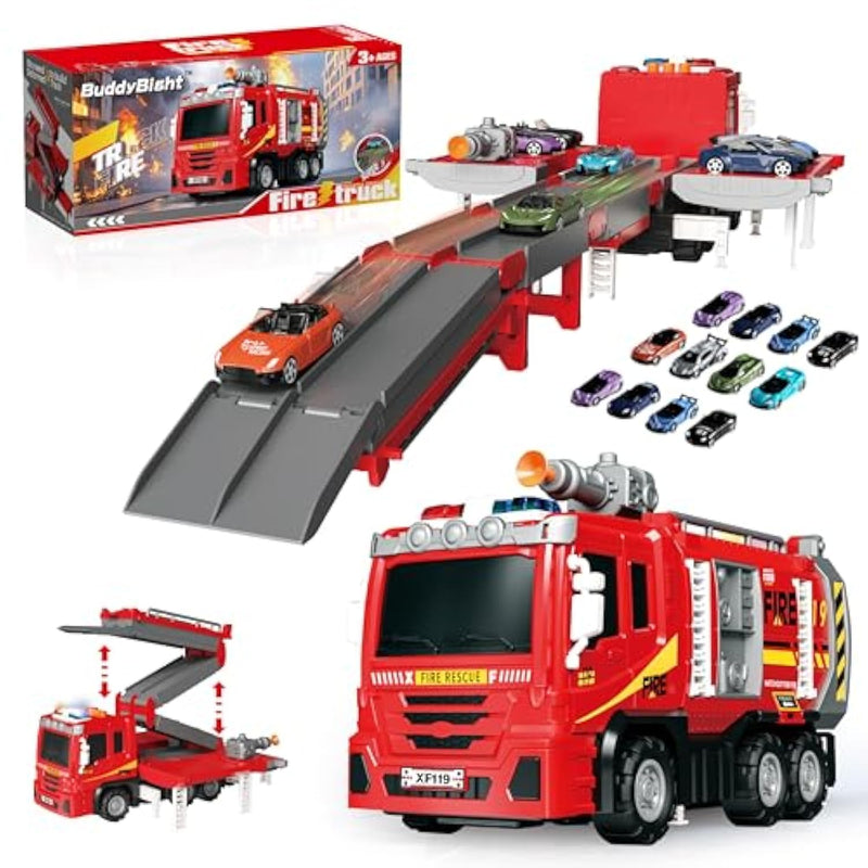 3In1 Fire Trucks Toys For Toddlers Ages 3-5, Carrier Toy Truck & Foldable Race Track, 12 Die Cast Cars Firetruck Toys For Toddlers 1-3 3-5 W/Light & Sound, Kids' Play Cars & Race Cars For Boys Girls