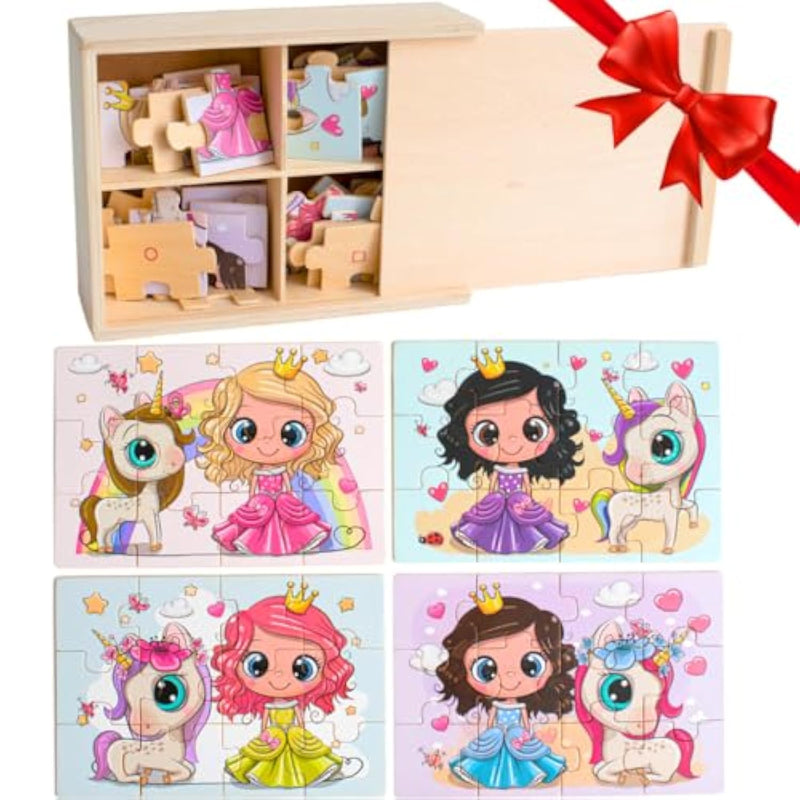 4-In-1 Princess Jigsaw Puzzles For Kids, Wood Puzzles For Kids Ages 3-5 48 Piece Wooden Puzzles For Toddlers 3-5, Wooden Puzzles For Toddlers, Essential Skills Gift For Girls Princesses