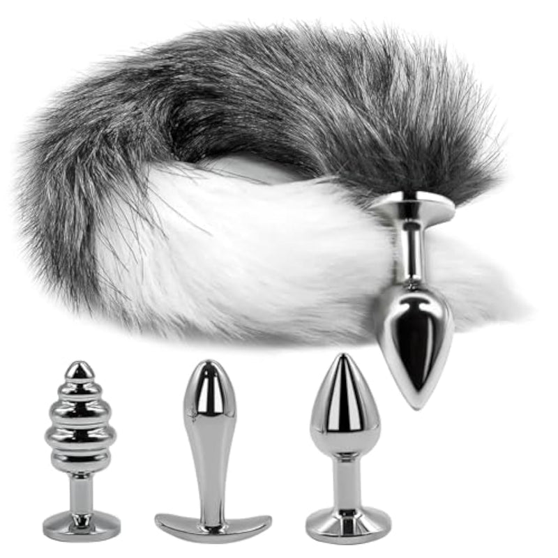 Sexy Fox Tails Plug Tail Butt Plugs with 3 Interchangeable Metal Analplugs for Cosplay and Role Play