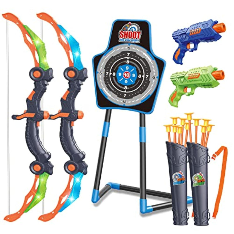2 Bow And Arrow Sets With Led Light-Up,2 Foam Dart Guns For Kids 5 6 7 8 9 10+ Years Old, Archery Set With Standing Target For Boys & Girl, Ideal Gift