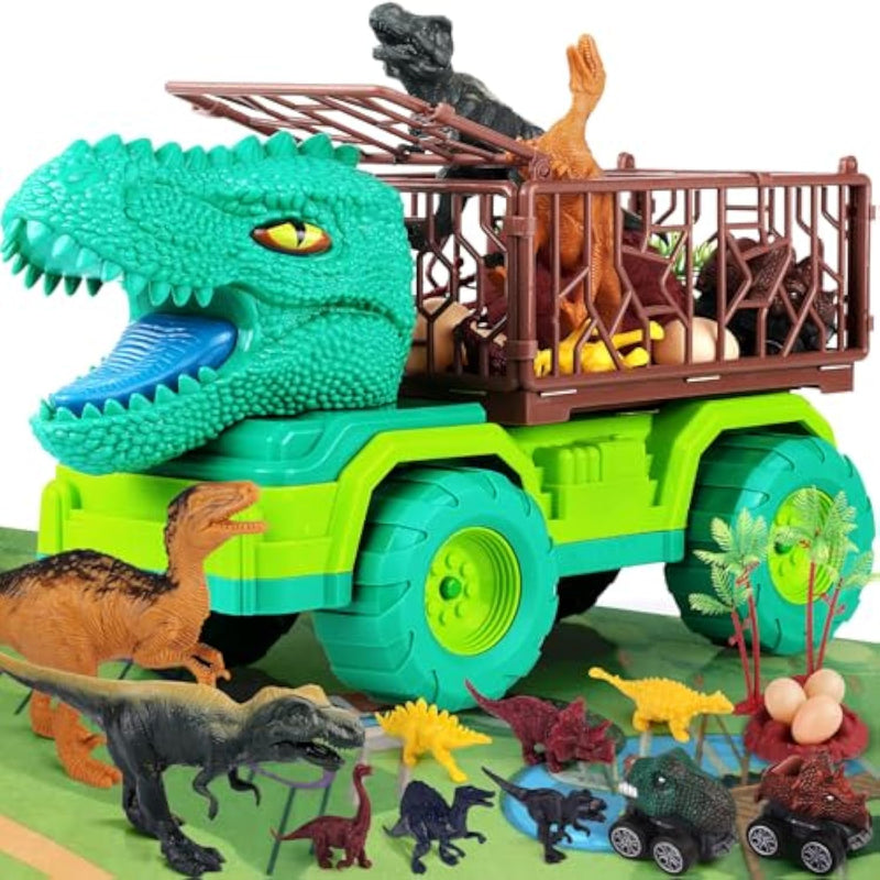 18 In 1 Dinosaur Toys For Kids 3-5, Dinosaur Truck Toys For Kids With 2 Pull Back Cars, 8 Dino Figures, Birthday Party Favors&Christmas Presents For Boys And Girls