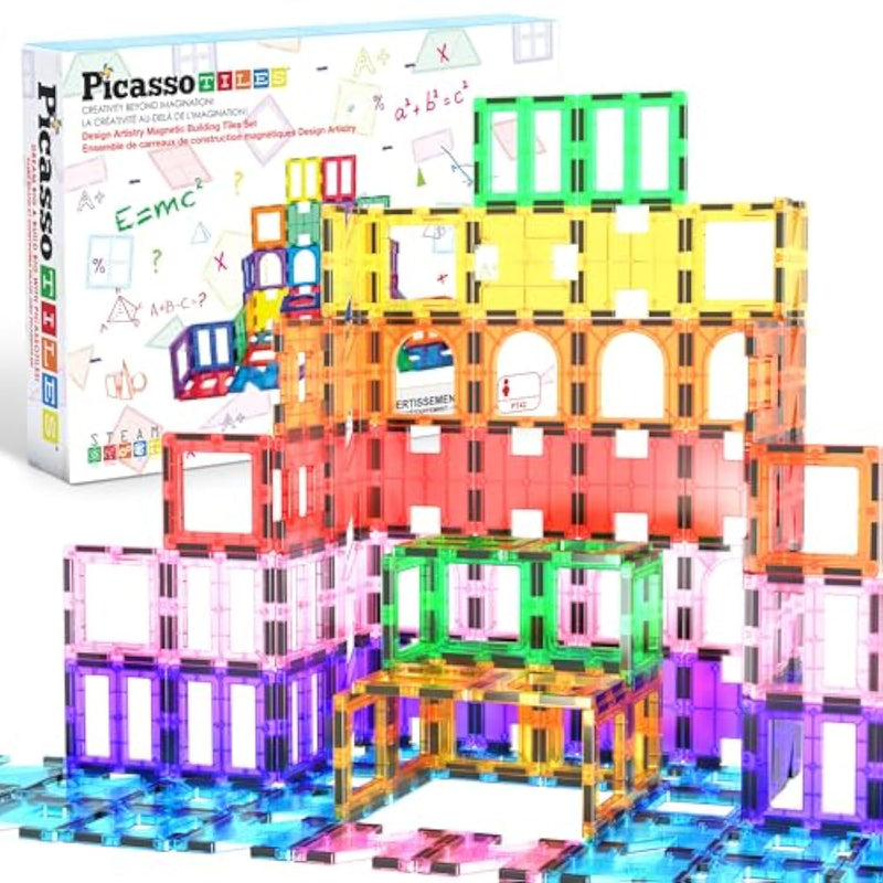 PicassoTiles 42pcs Magnetic Tiles Magnet Blocks See-Through Shape STEM Toys Building Block Educational Playset Compatible with Major Brand Tile -Starter Set for Boys and Girls Toddlers Ages 3+ PT42