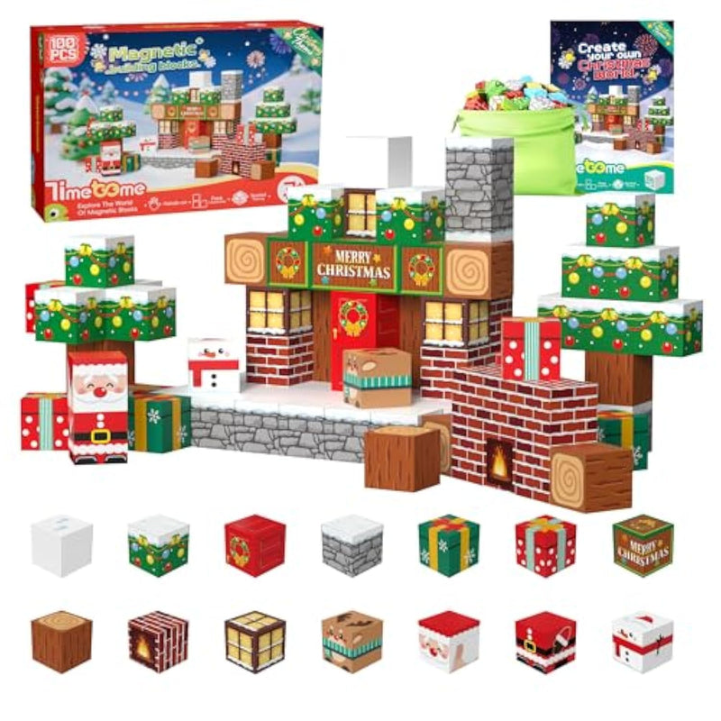 Magnetic Blocks, 100Pcs Magnetic Building Block Cubes, Stem Montessori Sensory Toys For Kids Boys Girls Ages 3 4 5 6 7 8 9 10 (Christmas Version)