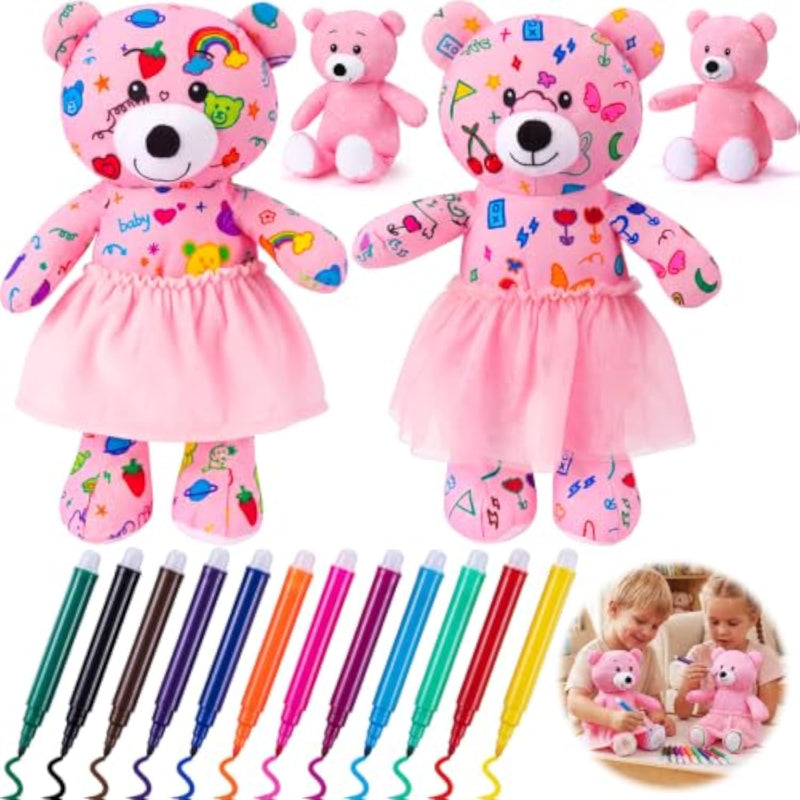 2 Pcs 14 Inch Coloring Bear Plush Toys with Washable Markers, Paintable Stuffed Animal Kit