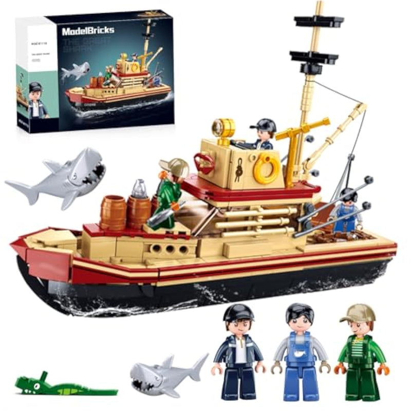 Fishing Boat Building Toy With Shark, Fishing Ship Building Kit With 3 Fisherman Minifigures, Birthday Valentine'S Day Gifts For Adults Kids, Compatible With Lego Boat, 592 Pcs