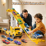 Transport Truck Toys For 3 4 5 6 7 Years Old Boys,Toy Cars Track Set Transporter Trucks With 12 Die-Cast Car Toys 2 Race Catapults Dual-Track Model,Toddler Set For Kids Boys Girls,Yellow