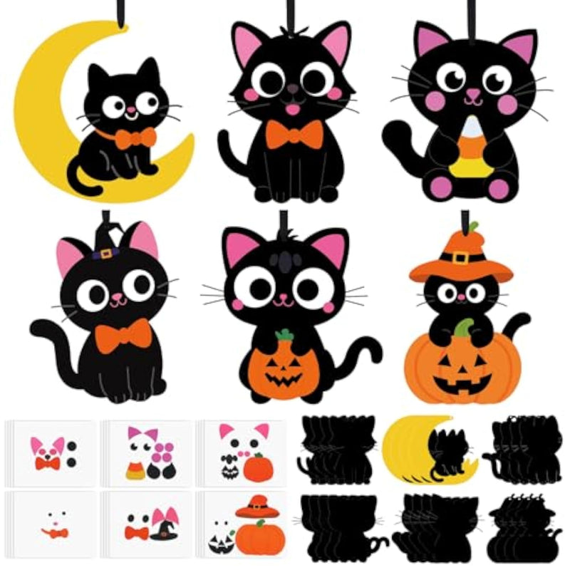 24 Sets DIY Cat Halloween Craft Kits with Self-Adhesive Stickers and Ribbons