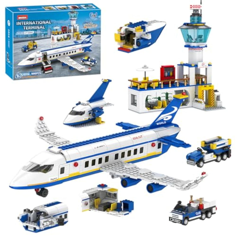 City Passenger Airplane Building Set, 886 Pcs Stem 6 In 1 Airport Passenger Plane Building Block Toy With Terminal, Shuttle Bus,Luggage Cart,Christmas Birthday Gifts For Boys Girls Ages 6-12+