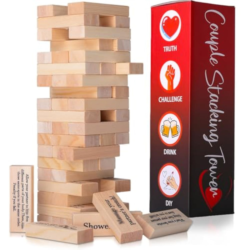 54 Pcs Wooden Tumbling Tower Drinking Game, Block Stacking Game For Couples, Adult Date Night Blocks Best Gift For Couples- Ages 21+