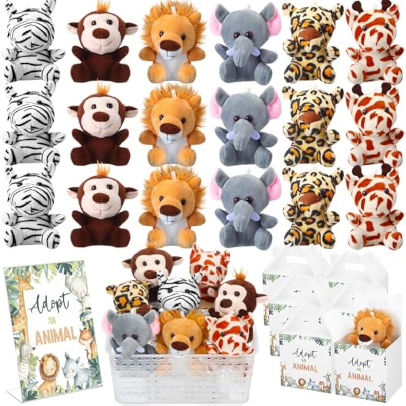 39 Pcs Mini Safari Stuffed Animals Set Adopt An Animal Favors 18 Small Jungle Forest Animal Plush Toys 18 Kraft Paper Boxes Acrylic Sign Plastic Basket For Birthday Supplies Gifts