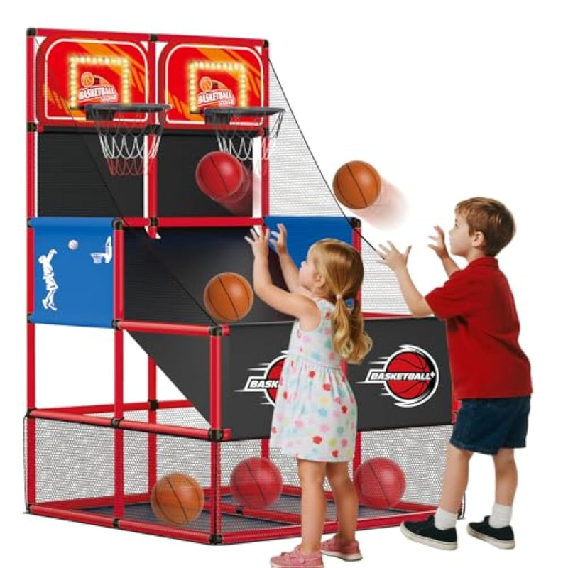 Upgrade Dual Basketball Arcade Game Kids Basketball Hoop With Electronic Scoreboard Led Light 6 Balls Indoor Outdoor Sports Toys Gifts For Boys Girls Ages 3-8 (Red)