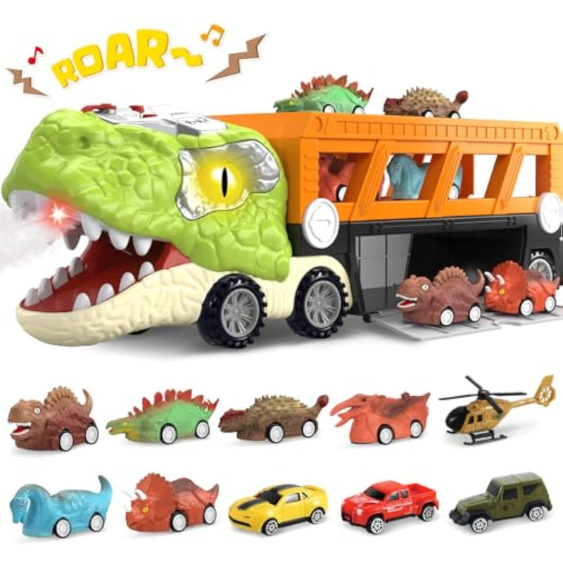 11 In 1 Dinosaur Toys, Dinosaur Toys For Kids 3-5, Dinosaur Truck With 10 Pull Back Cars, Toddler Boy Toys Age 3 4 5, Boy Birthday Gifts With Sounds & Lights & Spray