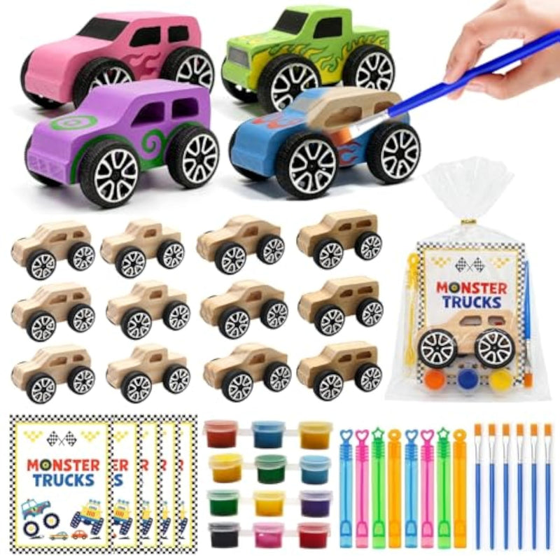 12 PCS Monster Truck Party Favors DIY Wooden Truck Craft Kit for Kids Birthday Party Decorations