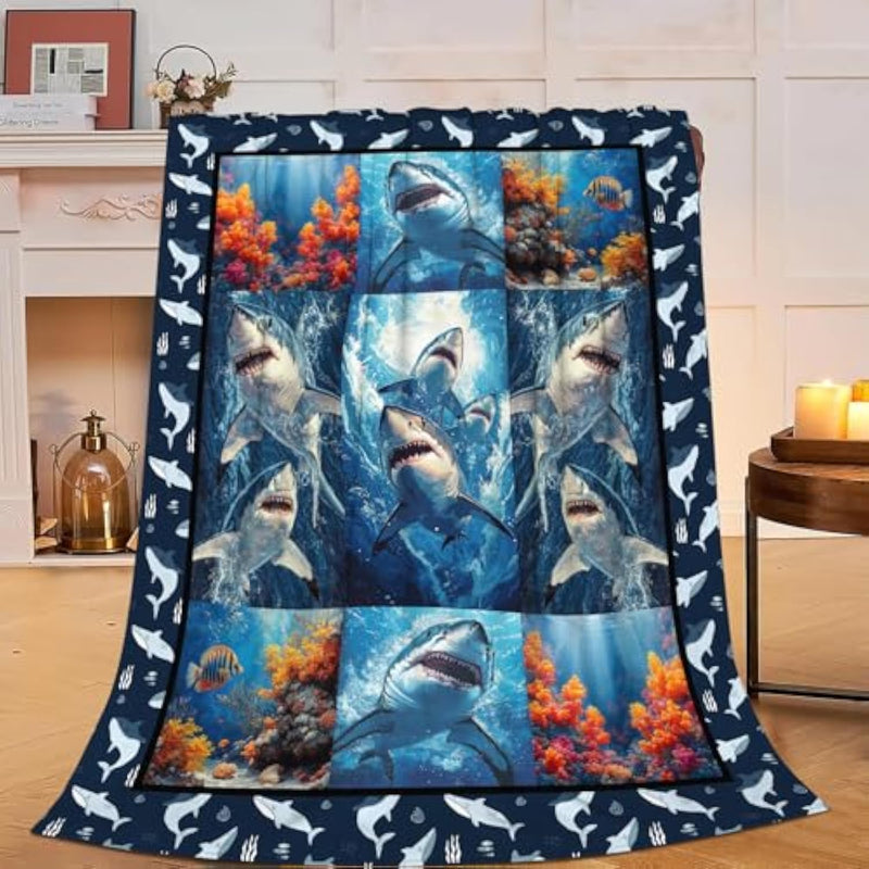 Shark Blanket Ocean Underwater Flannel Plush Throw Blanket Cozy Nautical Coral Decor Fleece Stuff Blanket Gifts For Lover Girls Boys Kids Adults Women Bed Travel 40"X50"