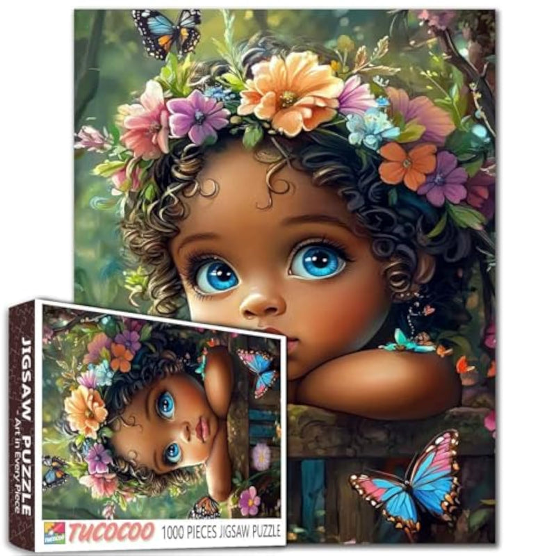 1000 Piece Afro Black Girl Jigsaw Puzzle for Adults, Tropical Forest Art