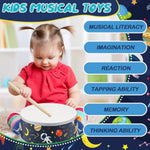 1 Pc Kids Drum Set, 8 Inch Toddler Drum Wooden Toy With Adjustable Strap And 2 Drumsticks, Educational Sensory Musical Instrument For Toddlers Kid Baby Boys Girls Gift(Space)