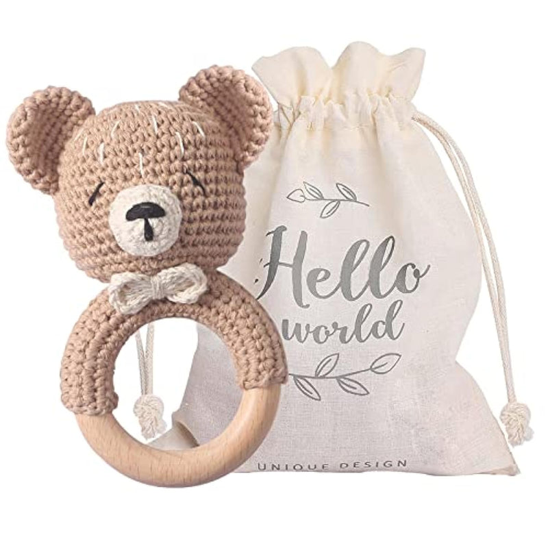 Wooden Baby Rattle Crochet Bear Baby Toys Handmade Newborn Toy Early Develo
