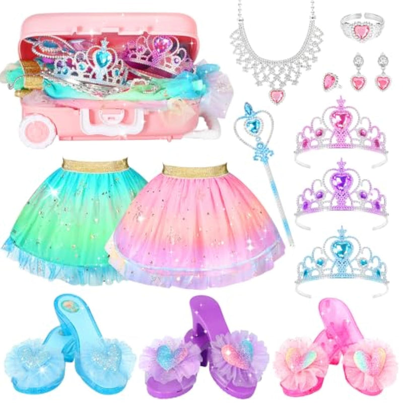 19 Pcs Princess Dress Up Shoes Gift Set, Girls Role Play Dress Up Toys & Costumes Set, Toddler Pretend Jewelry Boutique Kit Gift For Little Girls Aged 3 4 5 6 Years Old