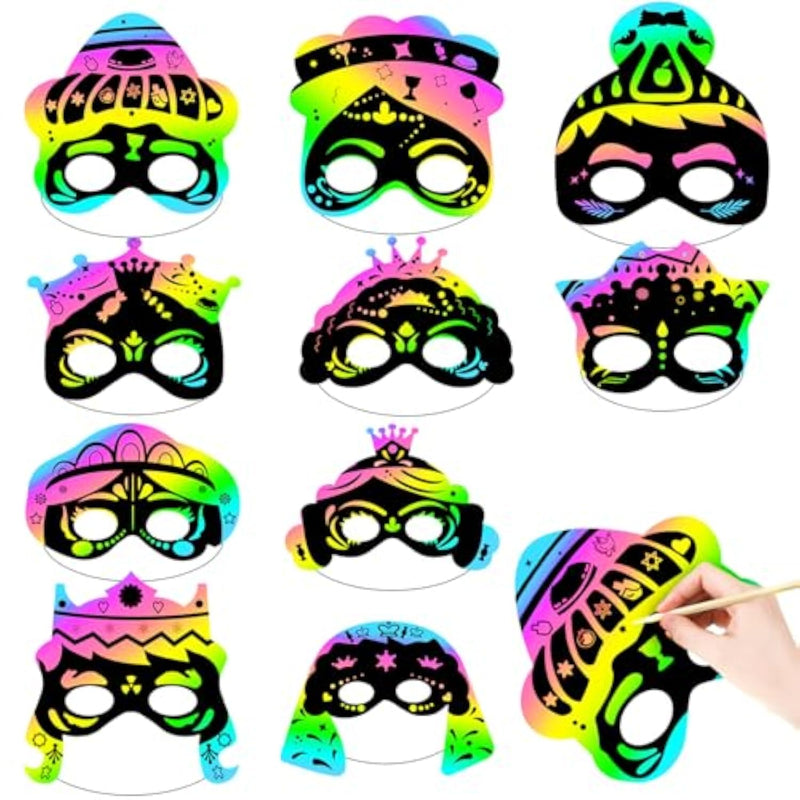 60 Pcs Purim Scratch Art Masks, DIY Rainbow Craft Kit for Jewish Holiday Activities