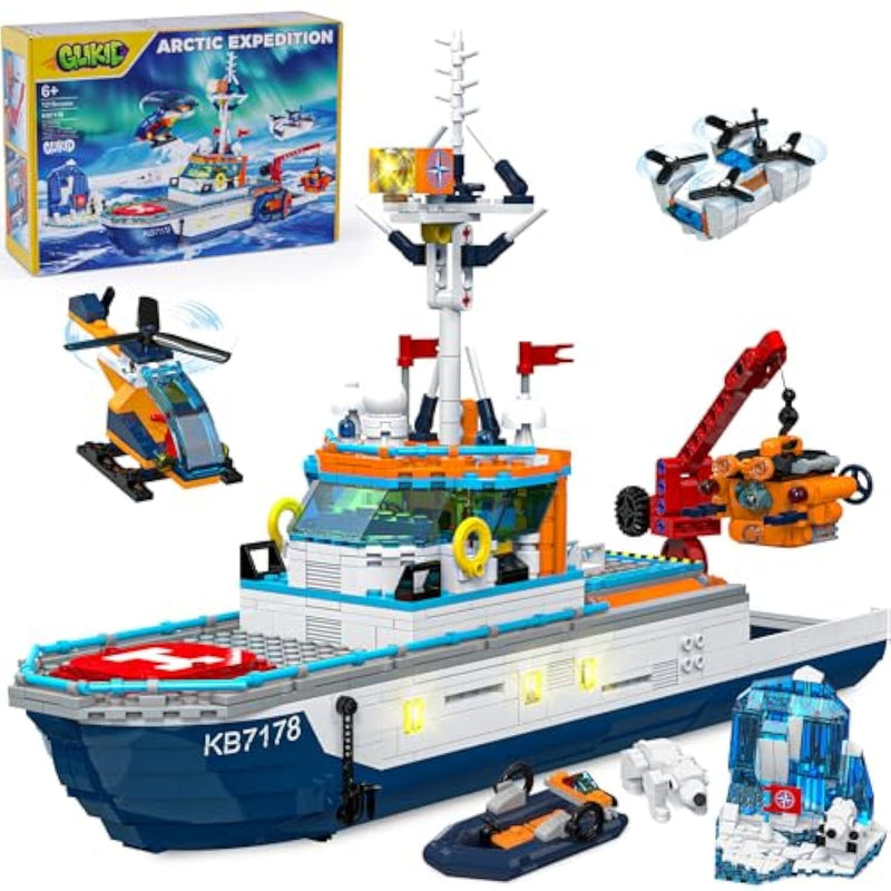 City Boat Building Set With Led Lights - Arctic Explorer Ship Toy Gift For 8 Year Old Boys And Girls, With Helicopter, Drone, Speedboat, Submersible, Iceberg, And Polar Bears