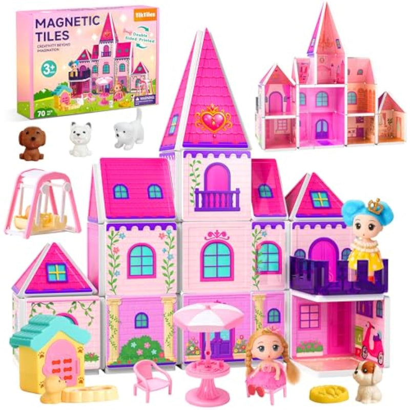 Magnetic Tiles Doll House Building Toys Set With Double Sided Printed Design, Play House Magnetic Blocks For Kids Ages 3-5 4-8, Stem Educational Sensory Magnet Toys Birthday Gifts For Girls