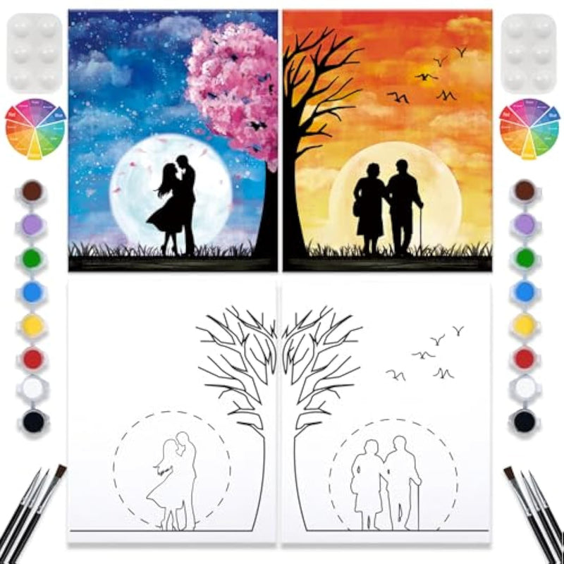 2 Pack Paint And Sip Canvas Painting Kit Pre Drawn Canvas For Painting For Adults Stretched Canvas Couples Games Date Night Romantic Life Anniversary Couple Paint Party 8X10