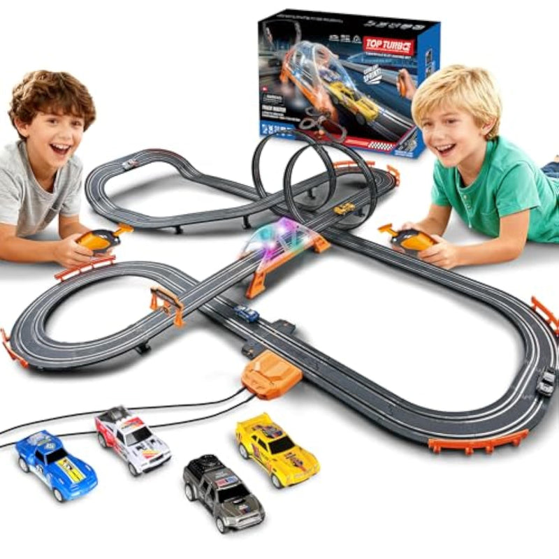 Slot Car Racing Track For Kids With 4 Cars Battery Or Electric Powered Dual Racing Game Featuring Flash Bridge And Pendulum Toys Tracks Sets Gift For Boys Grils Children 7,8,9-12 Years Old