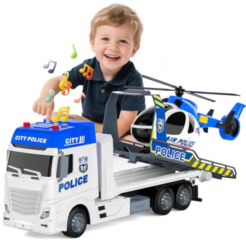 21.2 Inch Semi Police Truck Toy For 3 4 5 Years Old Boys - With Racing Car And Helicopter, Friction Powered Transport Truck Crane Vehicle With Lights And Sounds For Boy Christmas Birthday Gifts