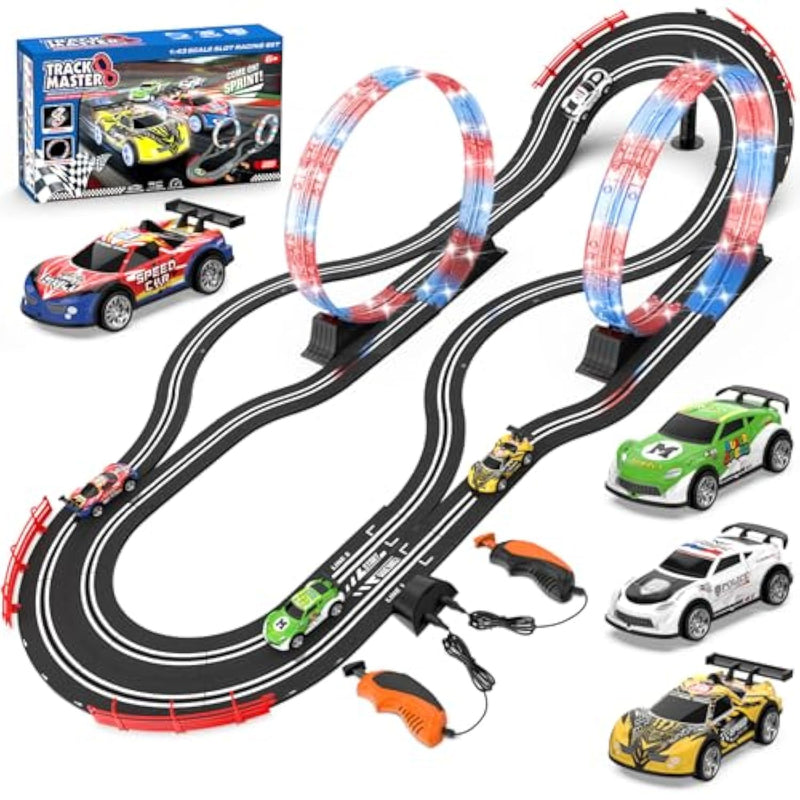 2-In-1 Slot Car Race Track Set With 4 High-Speed Cars, Electric Track, Dual Racing Game With 2 Controllers, Circular Overpass Design Featuring Flash Tracks. Toy Gift For Boys Kids Ages 4-6 6-8 8-12