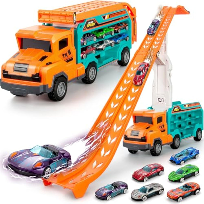 Carrier Truck Toys For 2 3 4 5 6 Years Old Boys, 2.8 Ft Race Track Transport Cars With 6 Die-Cast Metal Toy Cars, Birthday Gifts Kids Age 3-5, Racing Toys Gifts For Toddlers