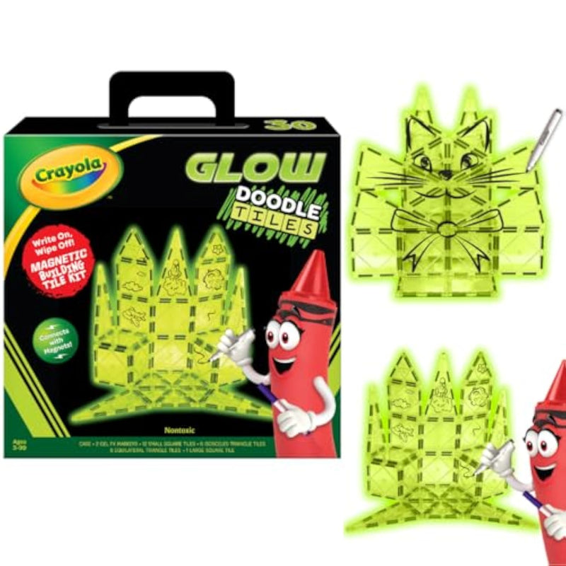 Crayola Glow Doodle Magnetic Building Tiles, 30-Piece STEM Set Ages 3+