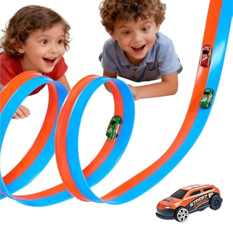20-Foot Flexible Two-Color Racetrack With Suction Cup Is A Portable Roll-Up Diy Racetrack With Four 1/64 Die-Cast Cars. Suitable For Boys And Girls Ages 3+.
