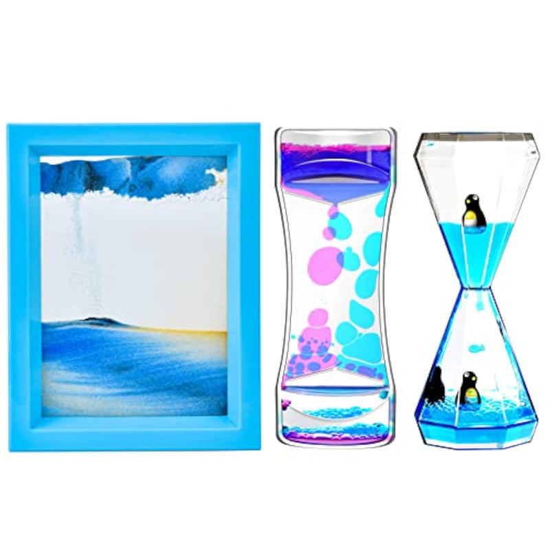 3 Pack Liquid Motion Timer, Penguin Bubbler & Moving Sand Desk Toys
