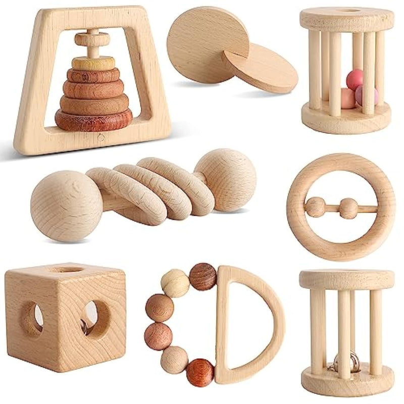 Wooden Baby Toy 8Pcs, Montessori Toys For Babies 1 3 Years Old, Wooden Ratt