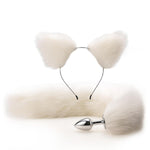 Fox Tail Anal Butt Plug, 2Pcs/Set Artificial Fox Tail Anales Plug With Cat Ears Headband, Fox Adult Metal Butt Plug Sex Toy For Sm & Cosplay (White)