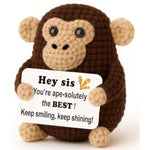 Gift For Sister Friend, Small Stuffed Animal For Birthday Christmas White Elephant Galentines Stuffers, Brown Crochet Ape/Gorilla/Chimp 4" Handmade Amigurumi Plush With Humorous Sign