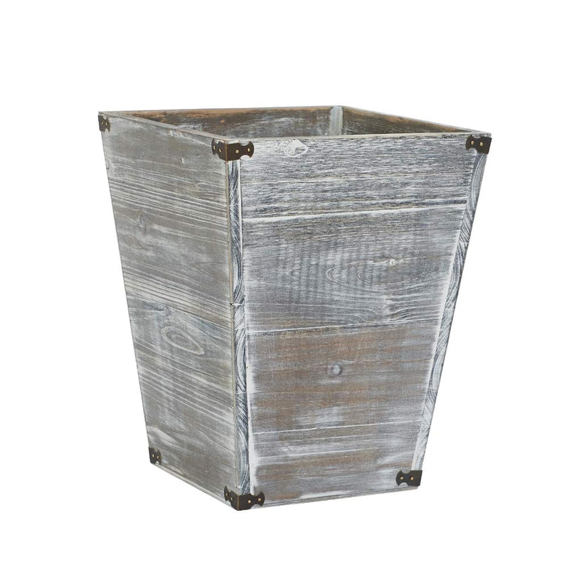 Gray Farmhouse Style Torched Wood Square Waste Bin With Decorative Metal Bracket
