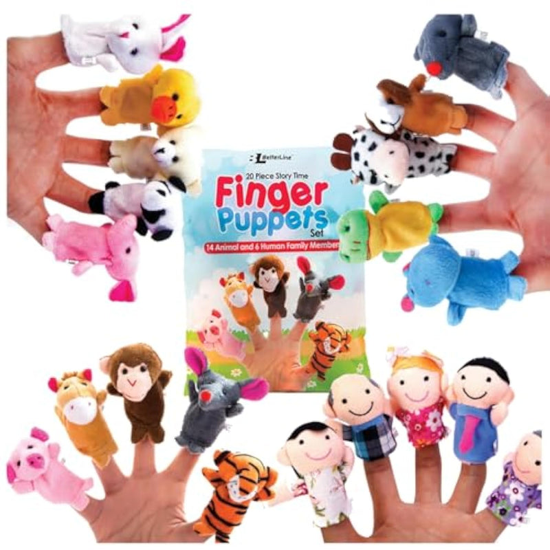 20-Piece Story Time Finger Puppets Set - Cloth Velvet Puppets - 14 Animals And 6 People Family Members