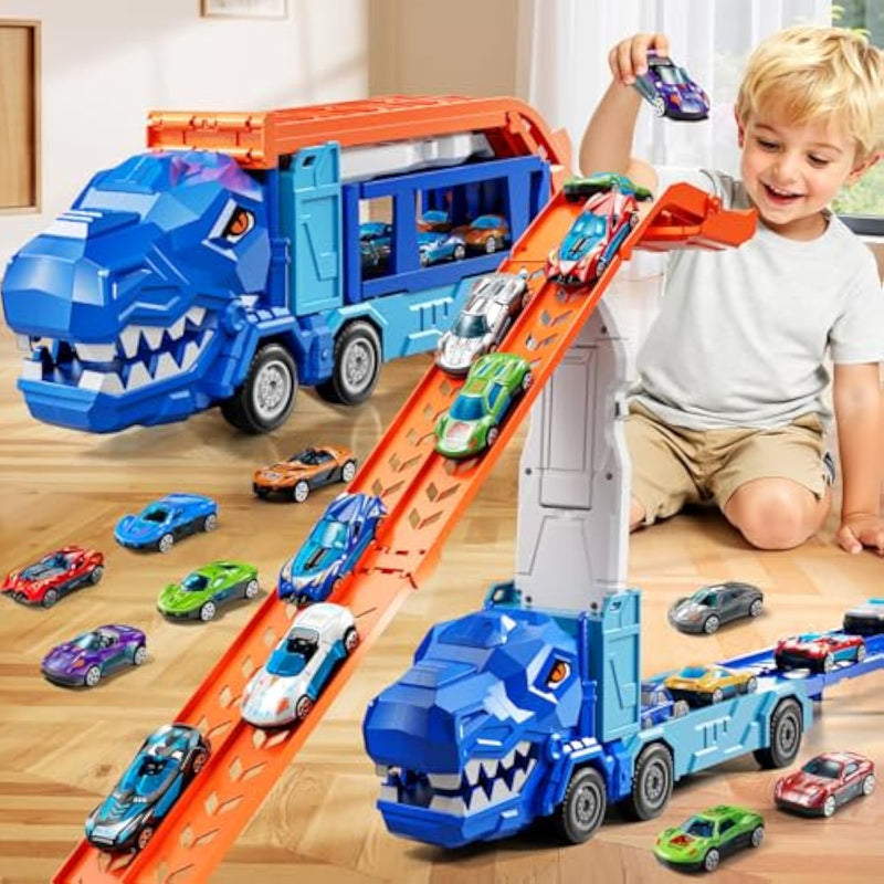 Truck Toys Car Track Set For 3 4 5 6 Years Old Boys, Dinosaur Truck Transporter Car Race Track With 12 Die-Cast Racing Car Toys, Birthday Gifts For Toddlers Kids Girls Age 3 4 5 6 7 8