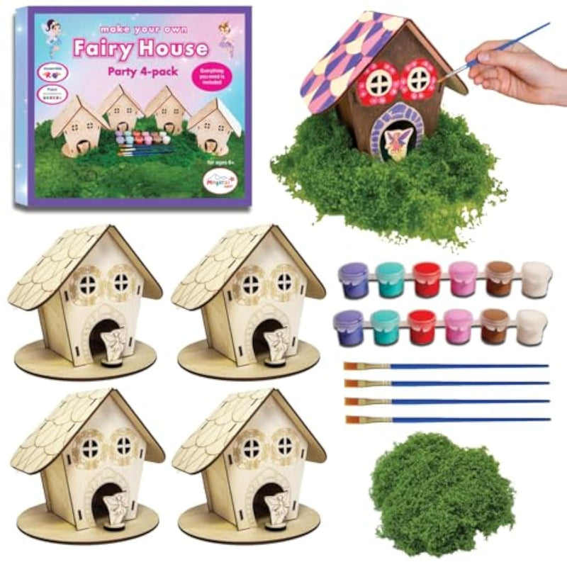 4 Pack DIY Wooden Fairy House Craft Kit with Paint & Accessories for Kids Ages 6+