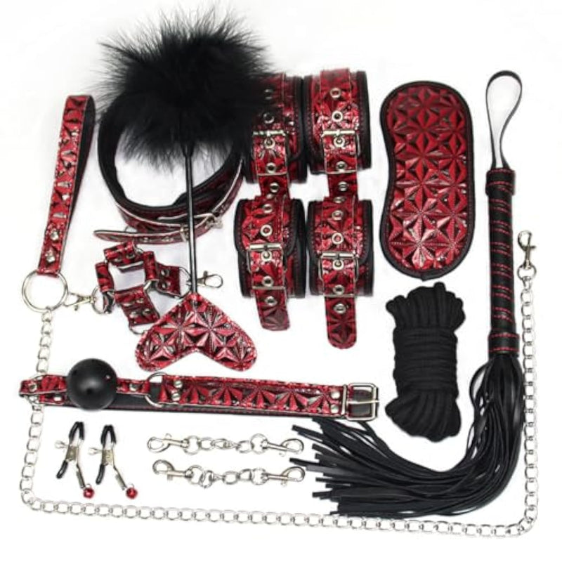 10Pcs Sex Bdsm Bondage Restraints Kit Sm Sex Toys With Blindfold Mouth Gagbondage Rope Cross Buckle Nipple Clamp Handcuffs Leg Cuffs Leash Collar Whip Feather Stick Adult Games Sex Toys For Men Women