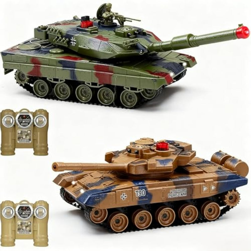 1/24 Rc Battle Tank Set - Remote Control T90 & Leopard Tanks With Realistic Sounds, Lights, Life Indicators, And Spray Effects - Military Toy For Kids & Adults
