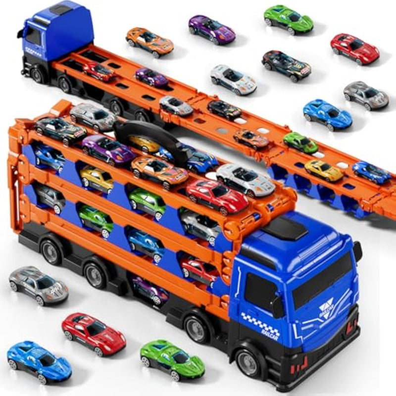 Kids Catapult Railcar Toys : Toy Truck For 3 4 5 6 Years Old Kids Boys | 78-Inch Race Track Transport Vehicle & 12 Die-Cast Metal Toy Cars | Toddler Truck Car Toys Set Gifts For Age 3-12 Years Old Kid