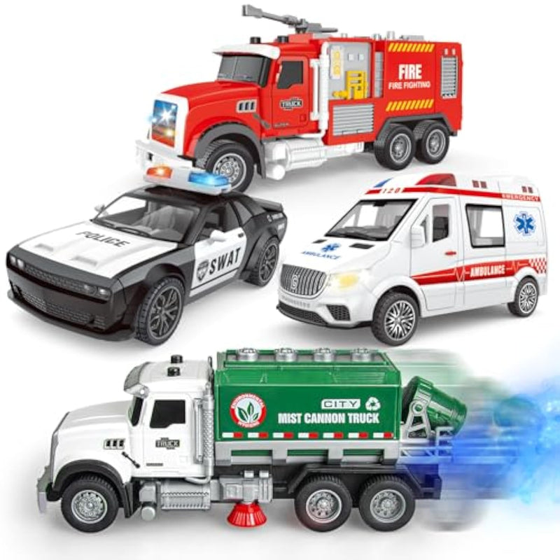 4 Packs Emergency Vehicle Toy Playsets, Including Garbage Truck Play Police Car,Ambulance And Fire Truck With Spray,Lights & Sounds,Birthday Christmas Party Gifts Toys For Boys 3-5