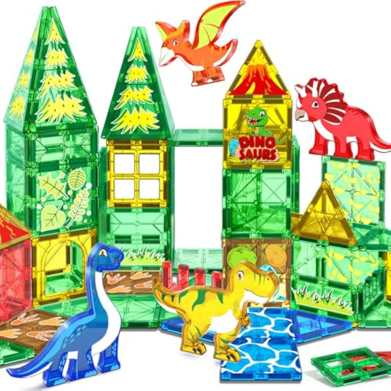 Magnetic Tiles Dinosaur Toys For Kids 3-5 4-8 Magnet Building Blocks Toddler Toy - Dino World Magnetic Toys Stem Creative Games Christmas Birthday Gifts For 3? Years Old Boys Girls