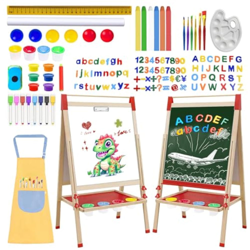 Double-Sided Magnetic Art Easel for Kids, Wooden Chalkboard with Whiteboard